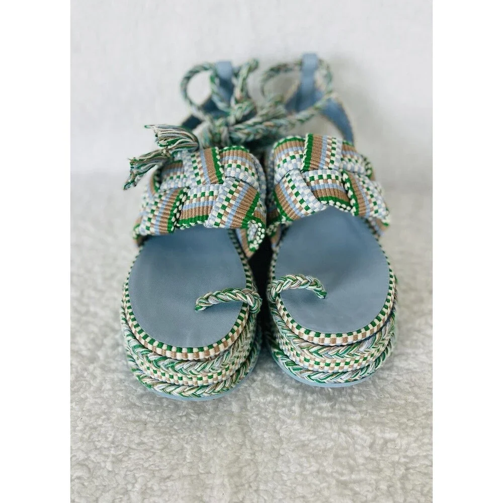 Anthropologie Amambaih Women Manuela Green Strappy Wedge Sandals Shoe EU 38 US 7